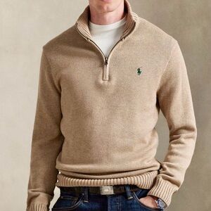 Men’s Ralph Lauren Cotton Quarter-Zip Sweater in Bronze Melange with Green Logo